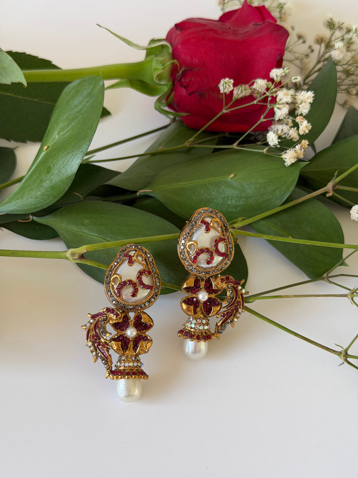 Maroon Floral Pearl Drop Earrings