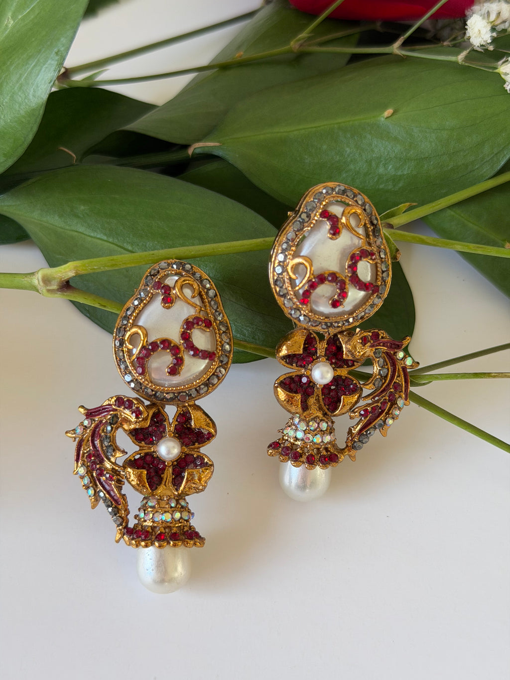 Maroon Floral Pearl Drop Earrings