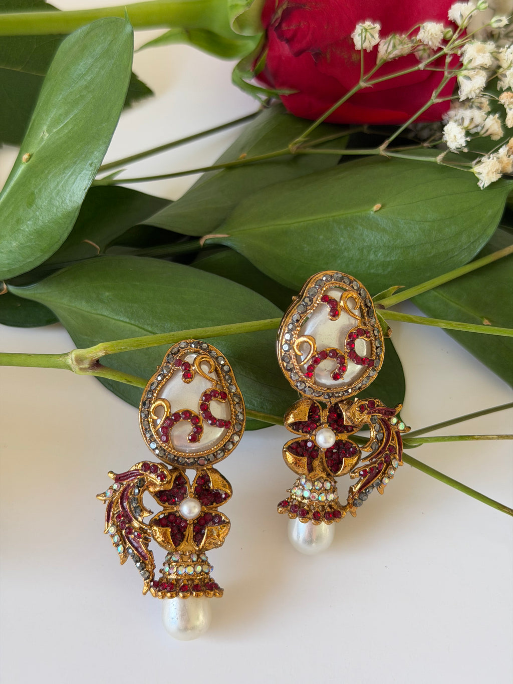 Maroon Floral Pearl Drop Earrings