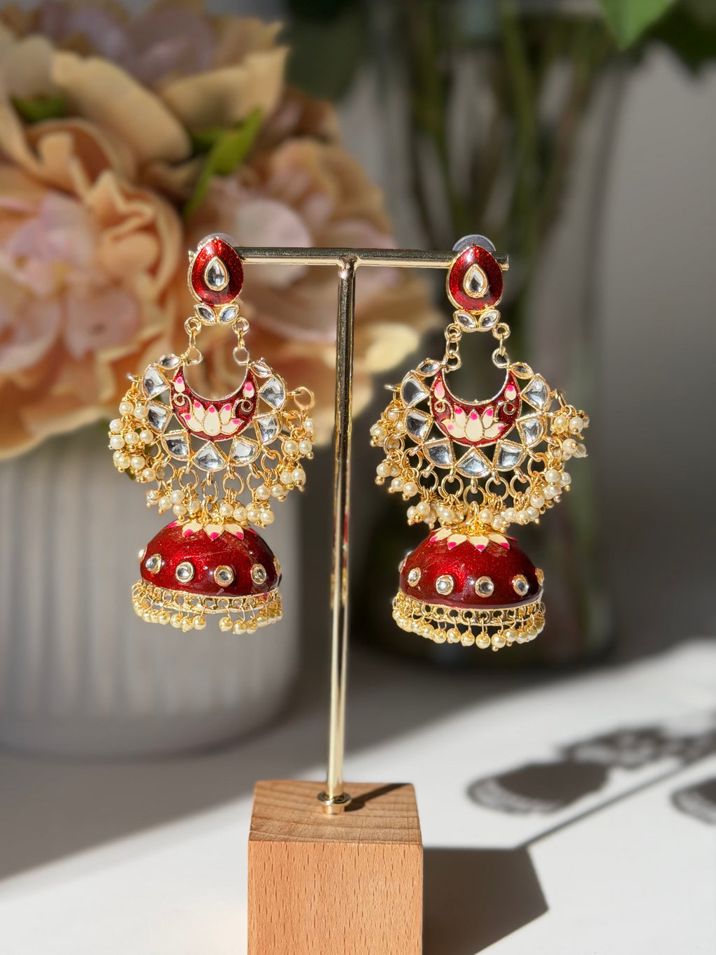 Hand Painted Red Jhumki Earrings