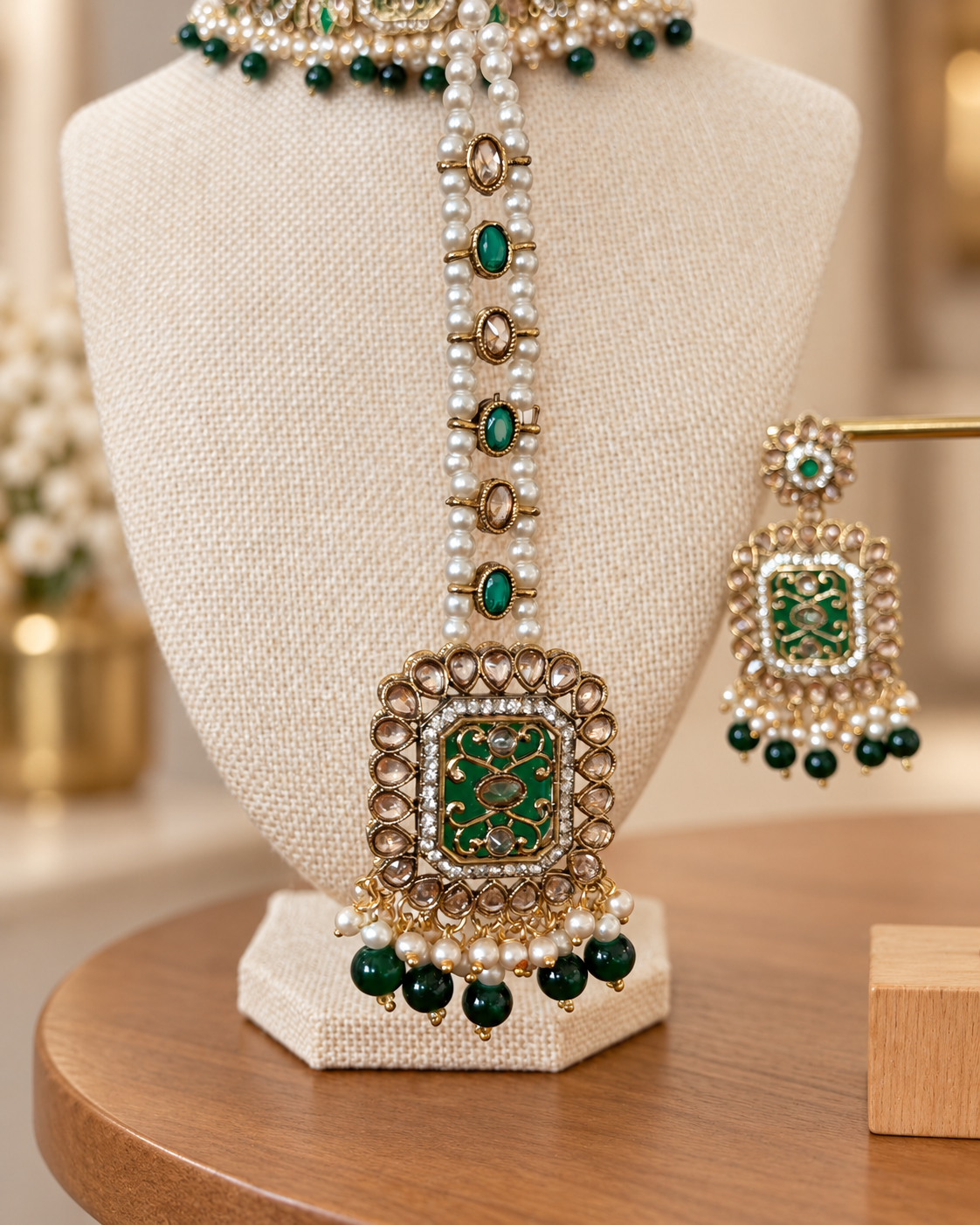 Emerald Polki Choker Set with Earrings & Tikka