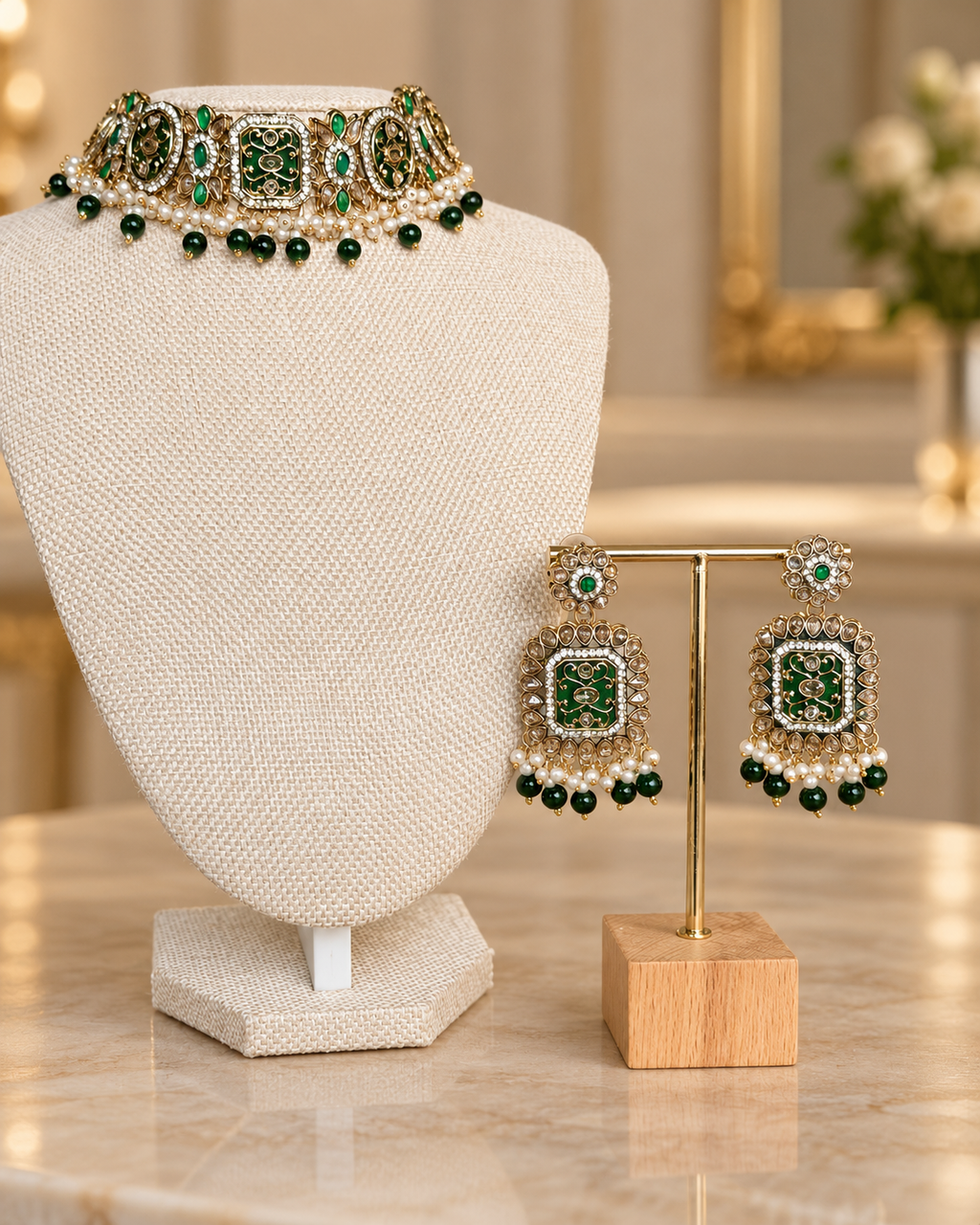Emerald Polki Choker Set with Earrings & Tikka