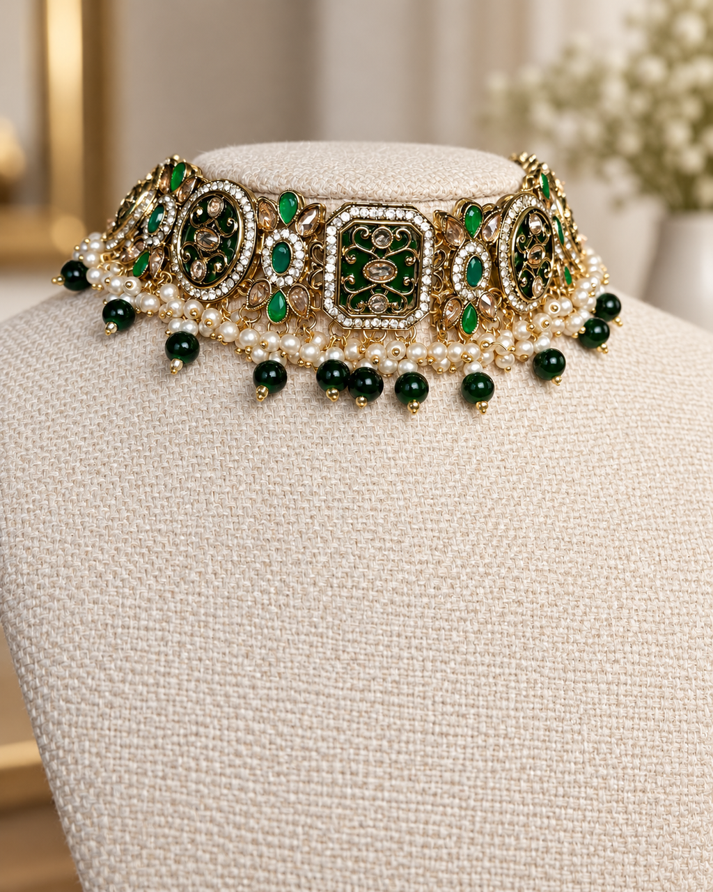 Emerald Polki Choker Set with Earrings & Tikka