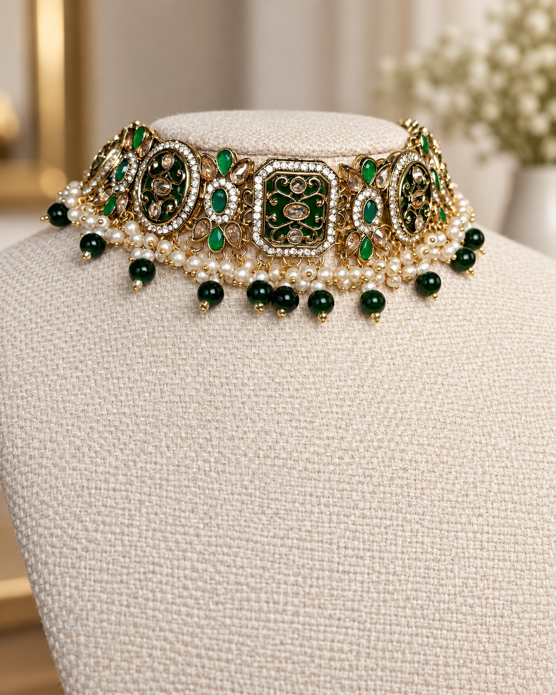 Emerald Polki Choker Set with Earrings & Tikka