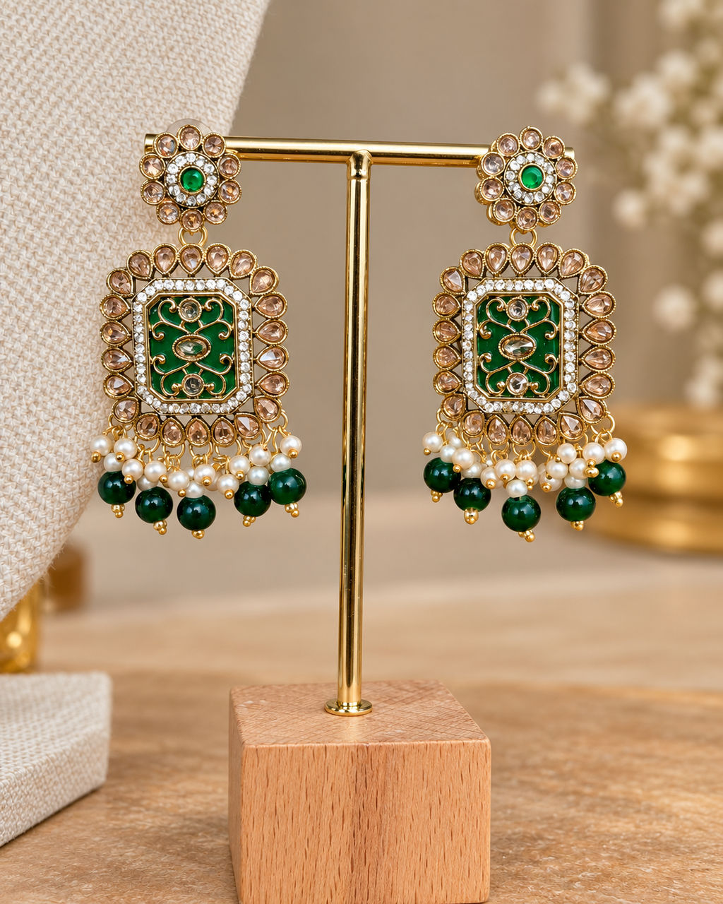Emerald Polki Choker Set with Earrings & Tikka