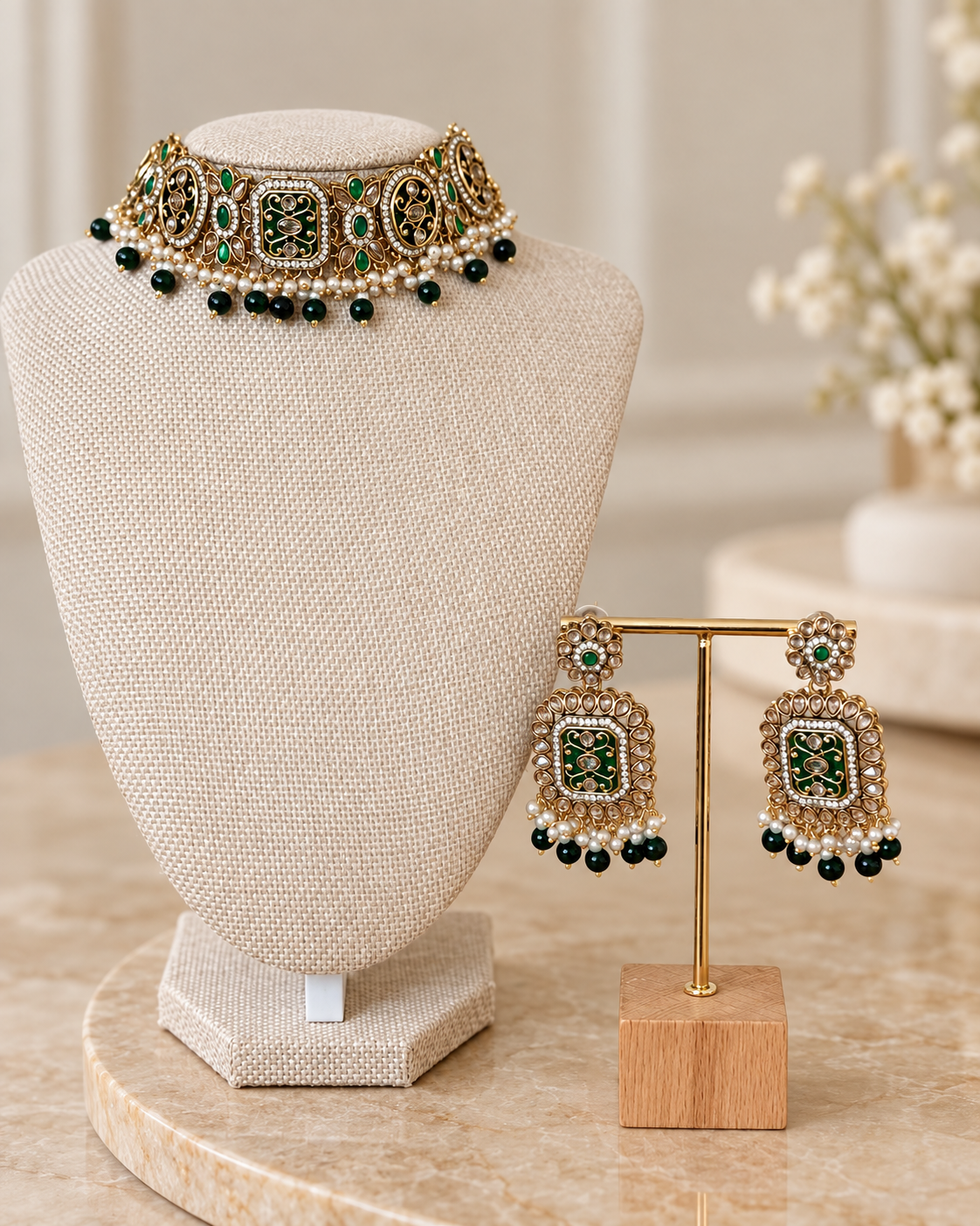 Emerald Polki Choker Set with Earrings & Tikka